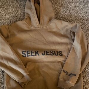 Seek Jesus Tan Graphic Hoodie - Religious Pullover with Front Print